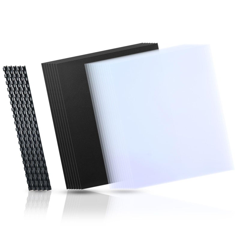 HOUYEE 180 Pack Binding Covers Set: 60 Pcs 3/8 Inch Black Binding Combs, 8.5x11 Inches, 60 Pcs 10 Mil Clear Binding Covers, 60 Pcs 12Mil Black Sand Texture, Letter Size - Image 1